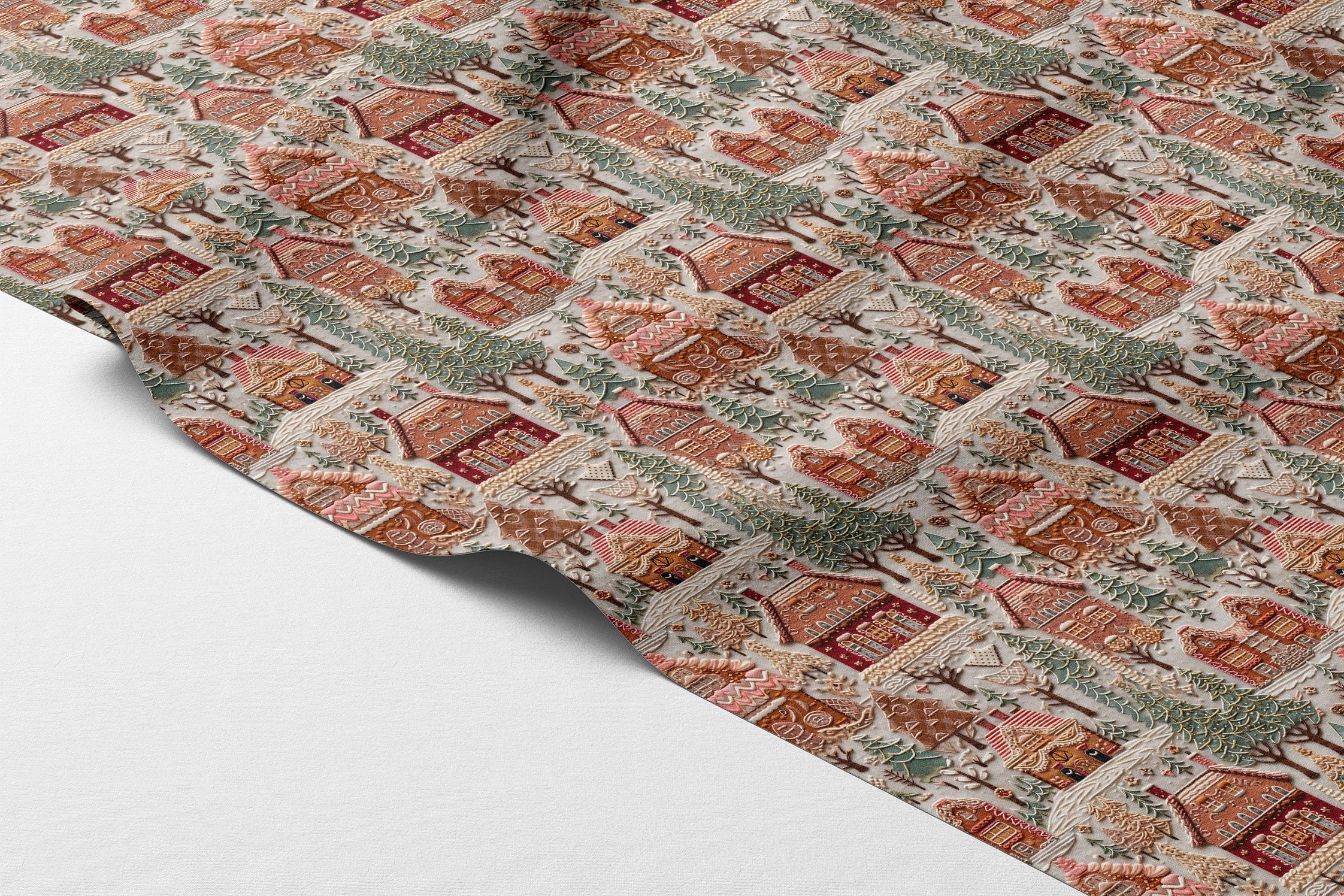 Yılbaşı Koleksiyonu- 3D Yılbaşı Kurabiye Evler Çok Amaçlı Dekoratif Dijital Baskı Kumaş