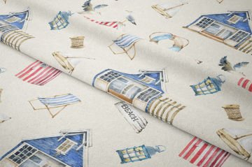 Sahil Evi Desenli Deniz Temalı Dekoratif Kumaş