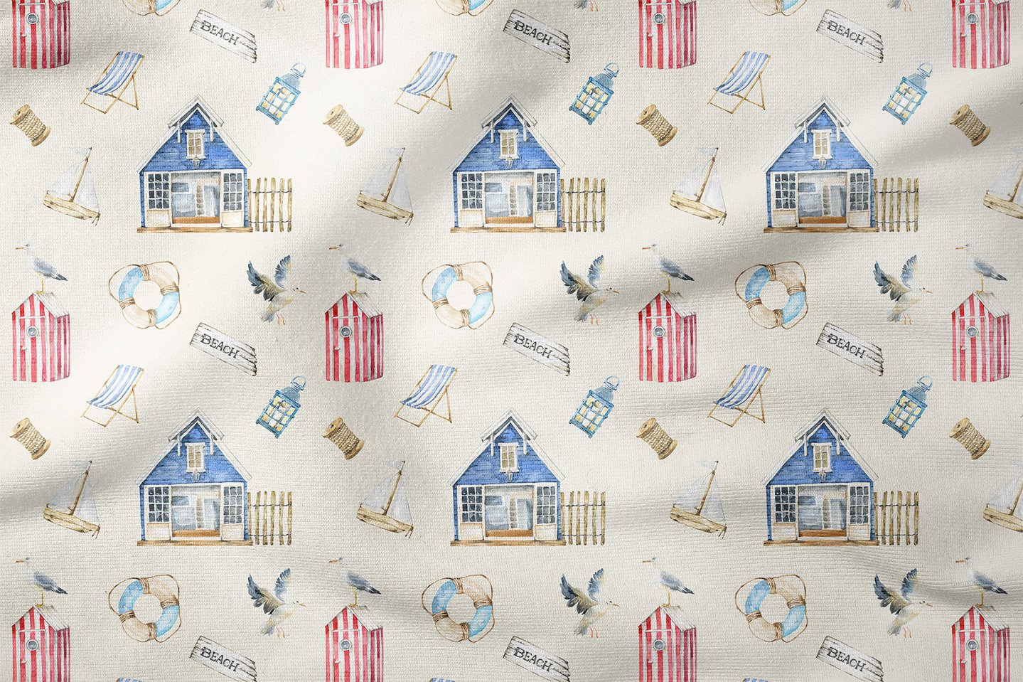 Sahil Evi Desenli Deniz Temalı Dekoratif Kumaş