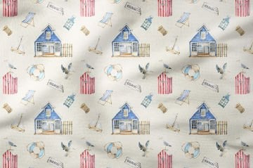 Sahil Evi Desenli Deniz Temalı Dekoratif Kumaş