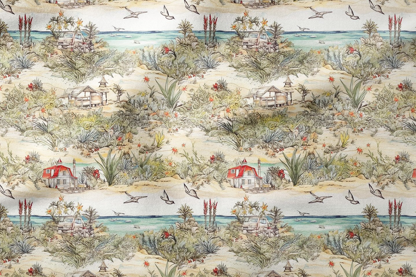 Sahil Manzaralı Deniz Temalı Dekoratif Kumaş