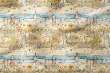 Deniz Feneri Sahil Manzaralı Dekoratif Kumaş