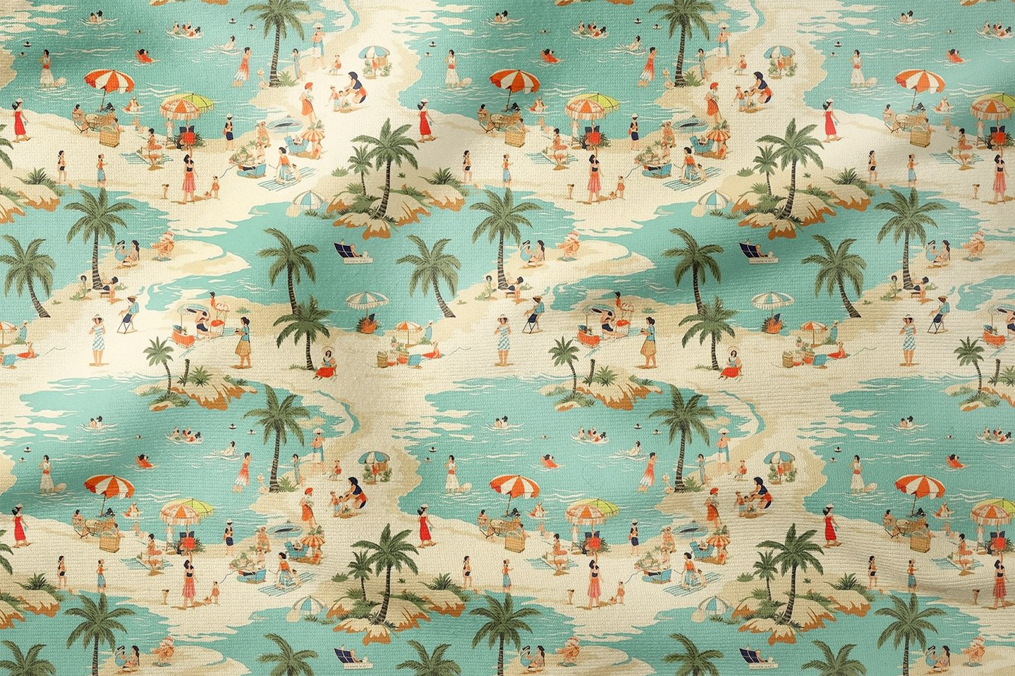 Retro Sahil Manzaralı Dekoratif Kumaş