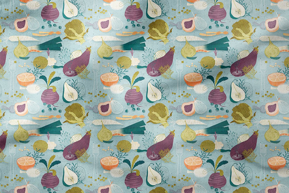 Vegetables on Blue Background, Radish, Lettuce, Garlic, Carrot, Onion