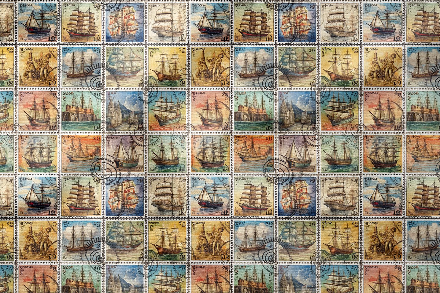 Vintage Gemi Posta Pulu Desenli Kumaş