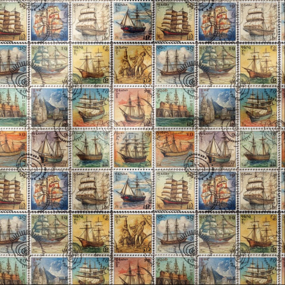 Vintage Gemi Posta Pulu Desenli Kumaş