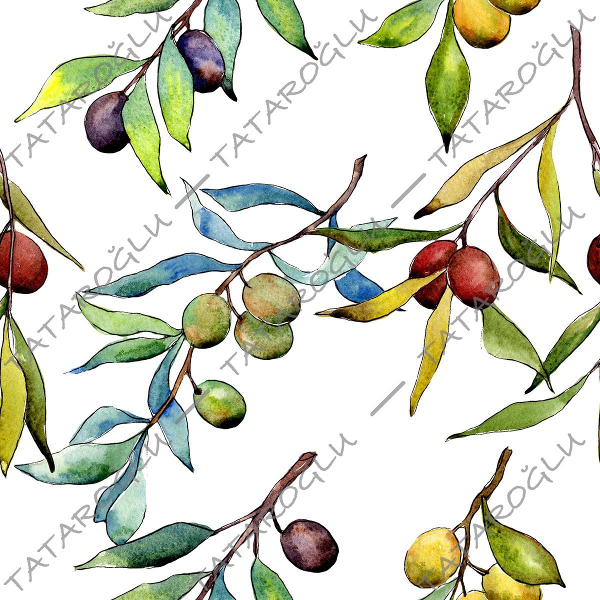Beyaz Zemin Üzerine Zeytin Dalı Dijital Baskılı Kumaş