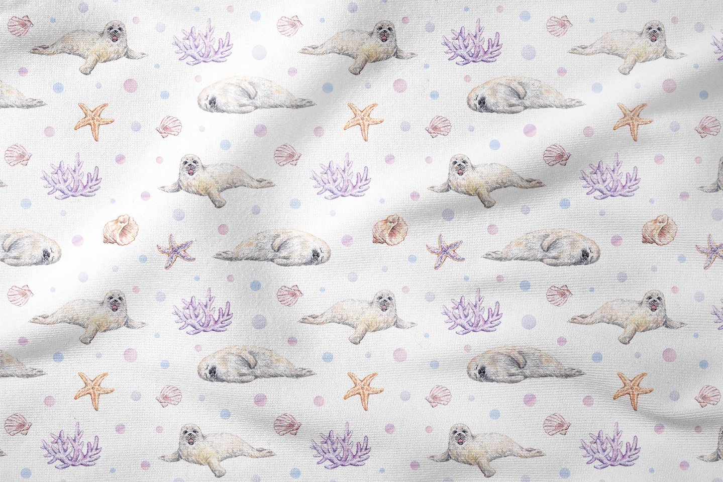 Yaz Koleksiyonu Soft Tonlu Deniz Kabukları, Midyeler, Foklar Çok Amaçlı Dekoratif Dijital Baskı Kumaş