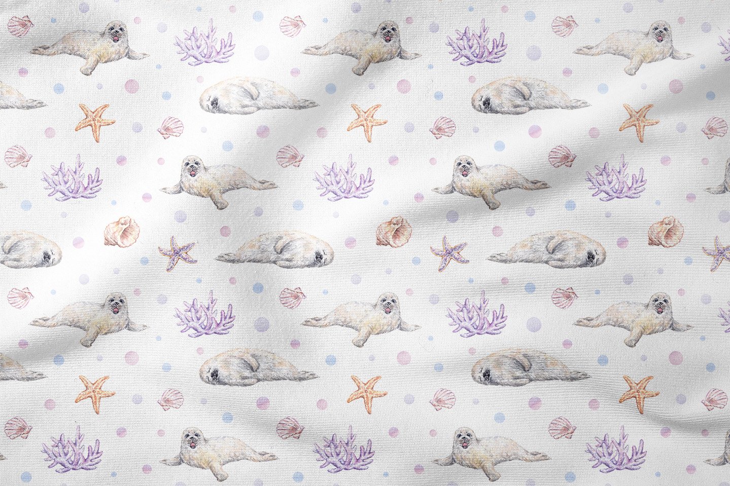 Sevimli Fok Desenli Deniz Temalı Dekoratif Kumaş