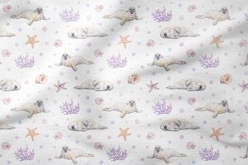 Летняя коллекция, мягкие тона, ракушки, мидии, тюлени, многоцелевая декоративная ткань с цифровой печатью
