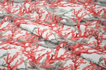 Kırmızı Mercan Desenli Deniz Temalı Dekoratif Kumaş