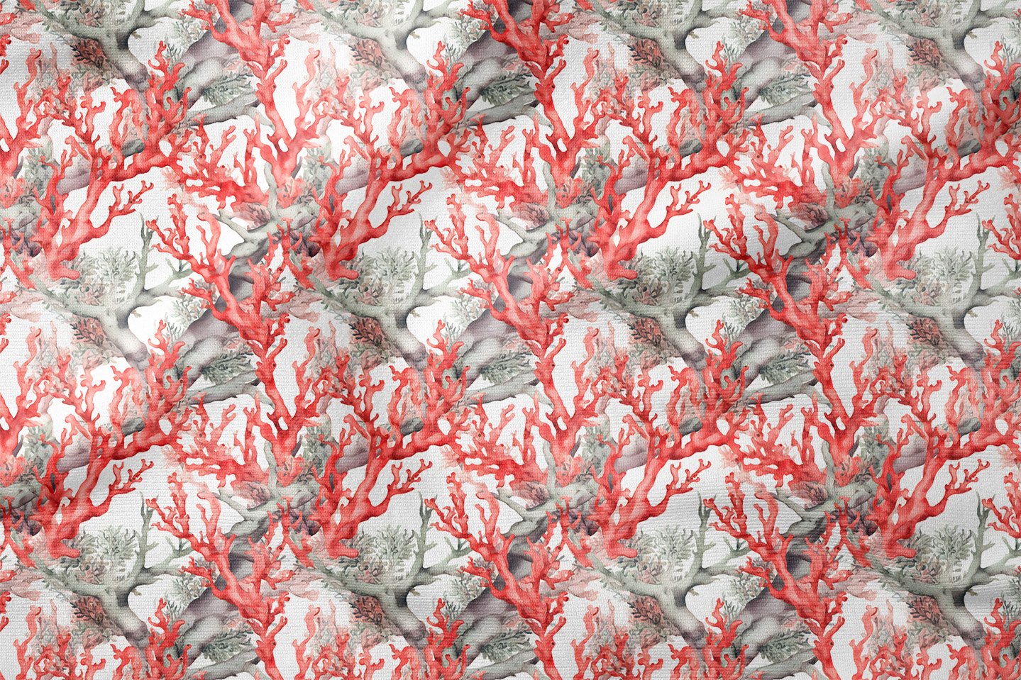 Kırmızı Mercan Desenli Deniz Temalı Dekoratif Kumaş