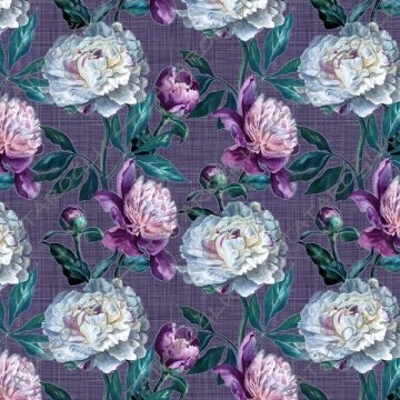 Mor Keten Efektli Zemin Üzerine Pembe Beyaz Çiçekli Dijital Baskılı Kumaş
