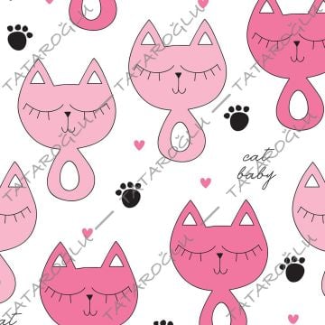 Beyaz Zemin Üzerine Pembe Patili Kedi Desenli Kumaş(SONBAHAR İNDİRİMİ)