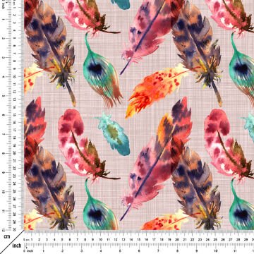 Pembe Keten Efektli Zemine Renkli Kuş Tüyleri Desenli Dijital Baskılı Kumaş