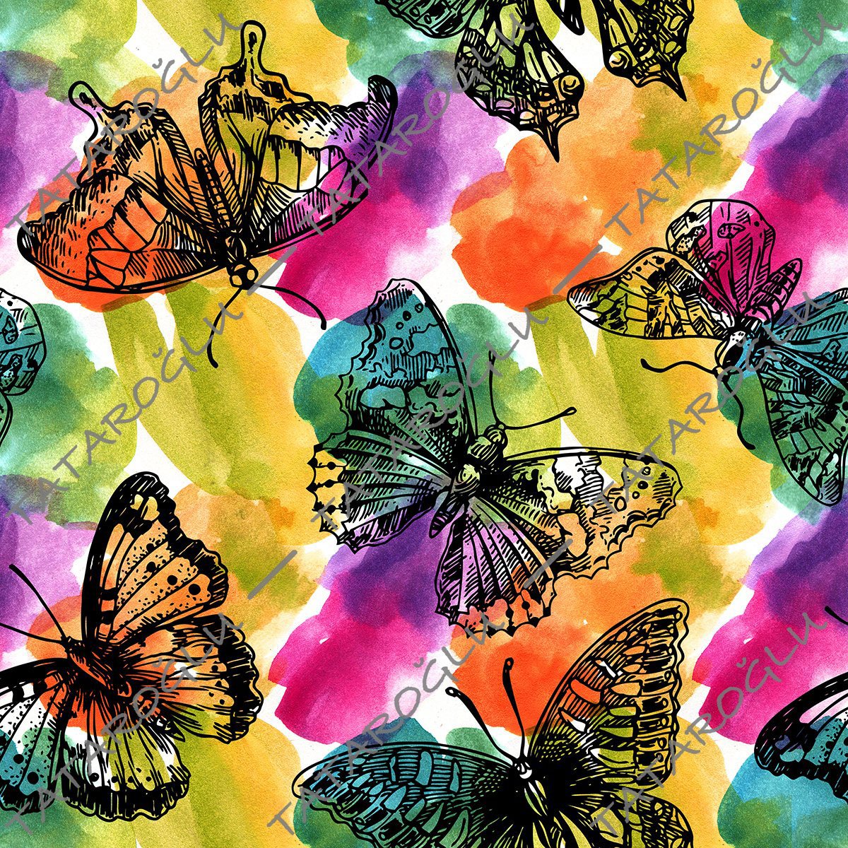 Butterfly Digital Printed Fabric with Watercolour Effect on White Background