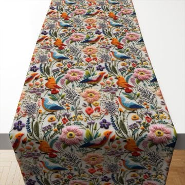 3D Kuşlu Çiçekli Runner Dikilmemiş Panel Kumaş