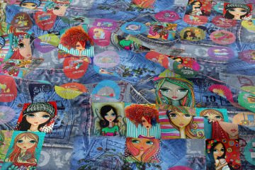 Kot Rengi Zemin Üzerine Popart Kızlar Dijital Baskılı Kumaş