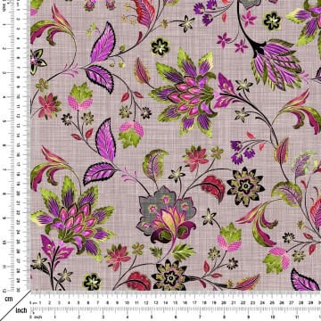 Pembe Keten Efektli Zemine Etnik Çiçek Desenli Dijital Baskılı Kumaş