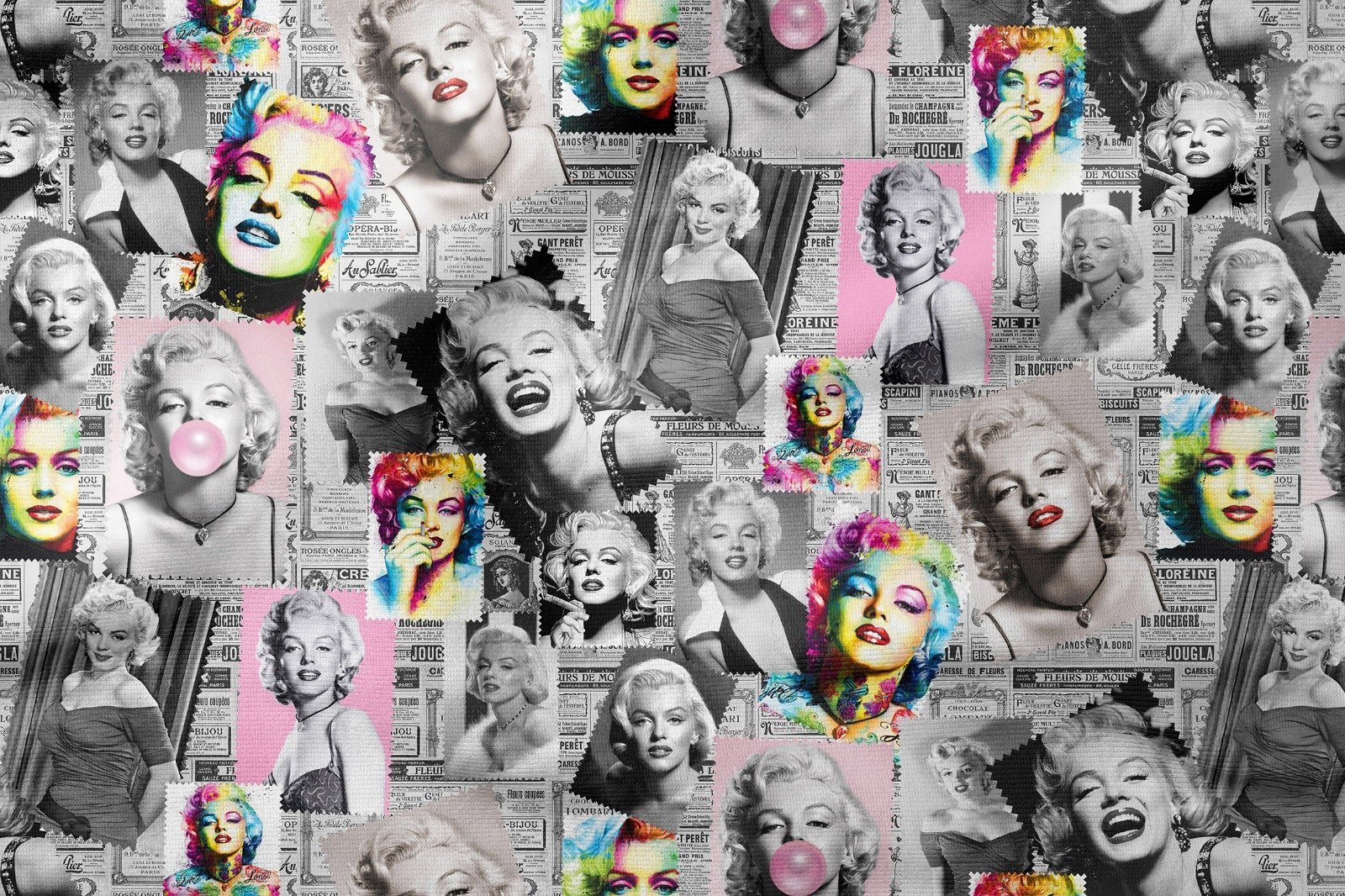 Eski Gazete Zeminli Renkli Marliyn Monroe Desenli Kumaş(SONBAHAR İNDİRİMİ)