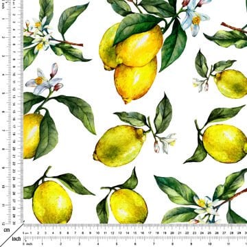 Limon Serisi-Beyaz Zemin Üzerine Yapraklı Limon Desenli Kumaş