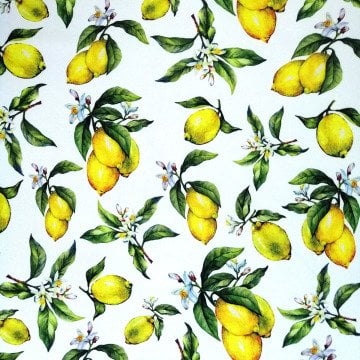 Limon Serisi-Beyaz Zemin Üzerine Yapraklı Limon Desenli Kumaş