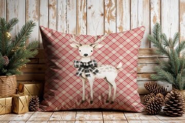 Yılbaşı Koleksiyonu- 45x45 cm Dikilmemiş 2’li Kırlent Paneli – Vintage Ekose Zemin Sevimli Geyik