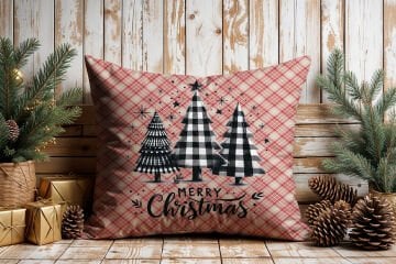 Yılbaşı Koleksiyonu- 45x45 cm Dikilmemiş 2’li Kırlent Paneli – Vintage Ekose Zemin Merry Christmas Çam Ağaçları