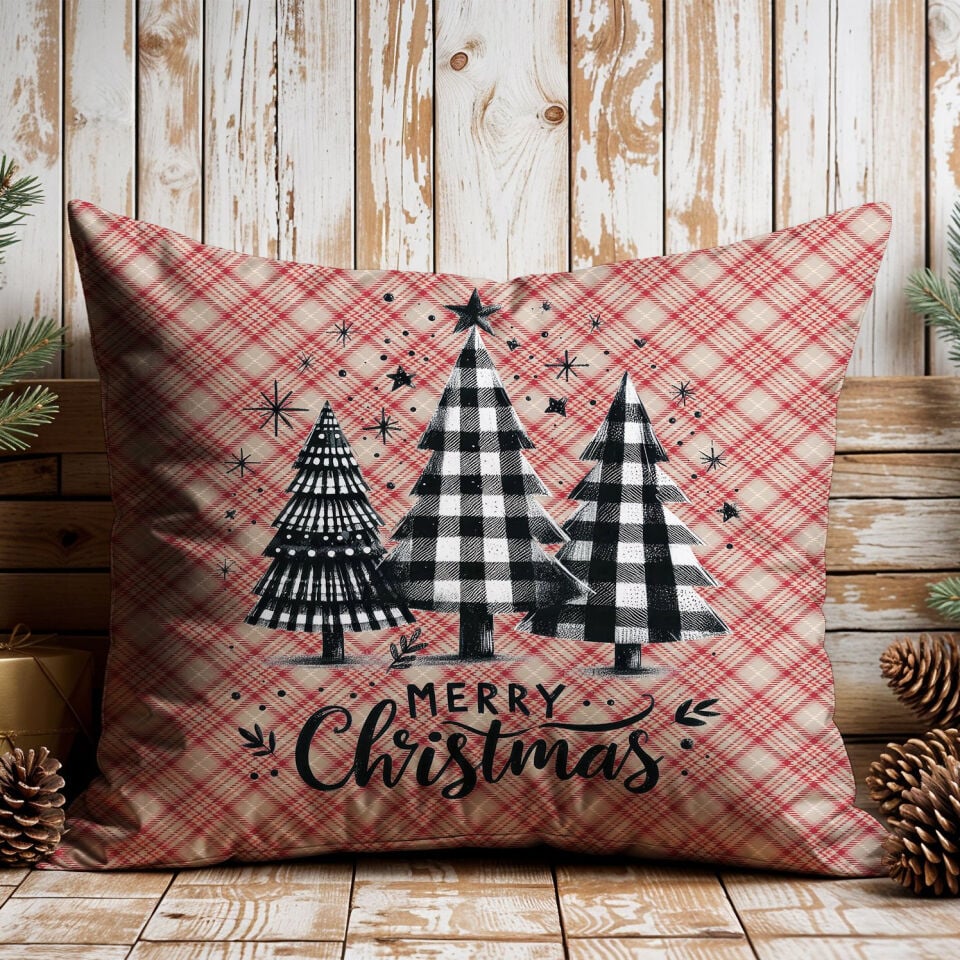 Yılbaşı Koleksiyonu- 45x45 cm Dikilmemiş 2’li Kırlent Paneli – Vintage Ekose Zemin Merry Christmas Çam Ağaçları