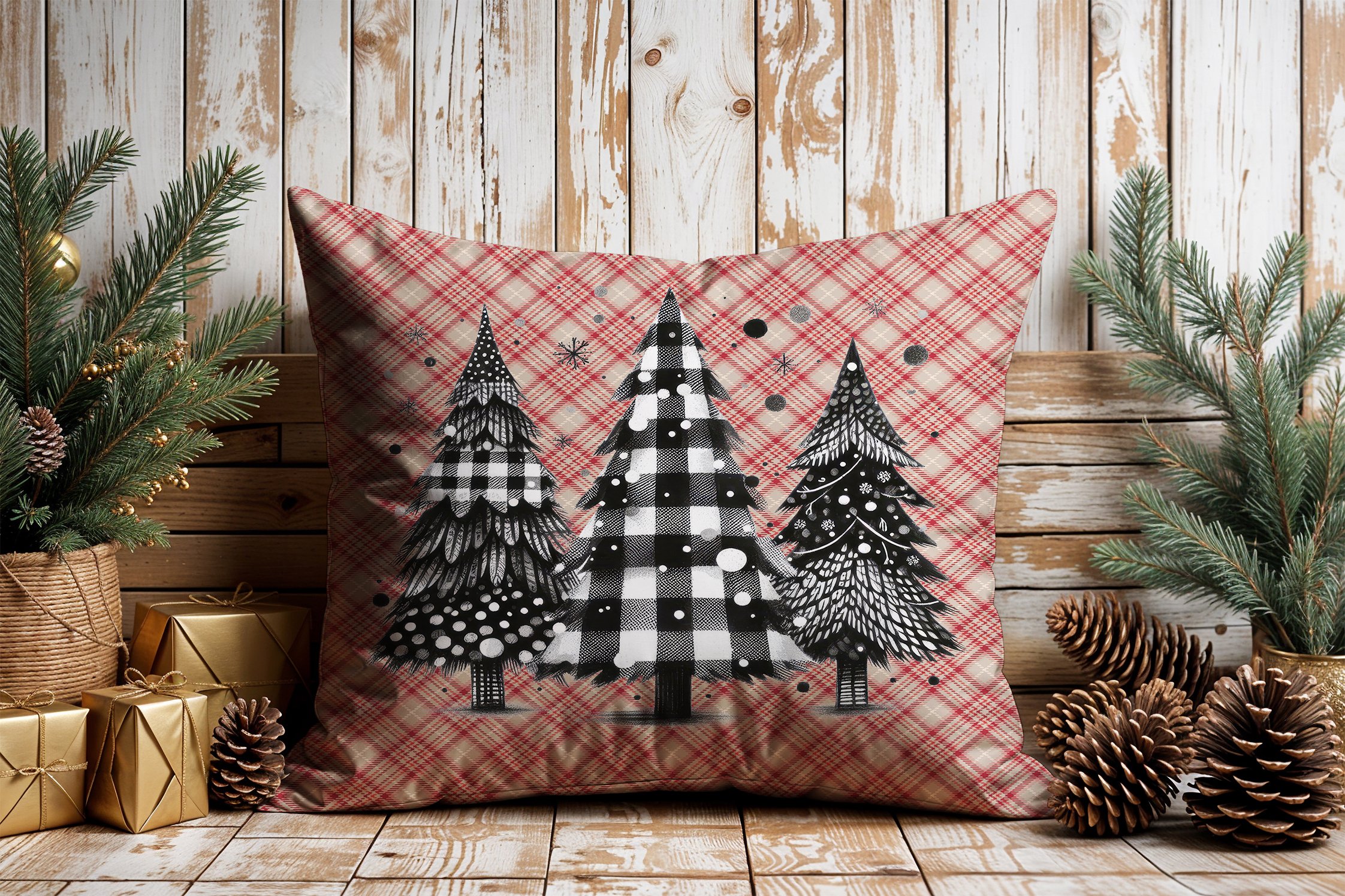 Yılbaşı Koleksiyonu- 45x45 cm Dikilmemiş 2’li Kırlent Paneli – Vintage Ekose Zemin Çam Ağaçları