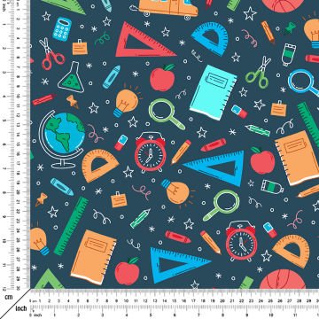 Back to School- Okula Dönüş, Defter, Kalem, Dünya Haritası, Cetvel, Saat, Büyüteç, Ataç, Silgi Desenli Dijital Baskılı Kumaş