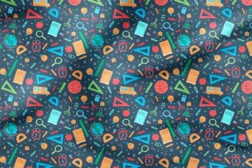Back to School- Okula Dönüş, Defter, Kalem, Dünya Haritası, Cetvel, Saat, Büyüteç, Ataç, Silgi Desenli Dijital Baskılı Kumaş
