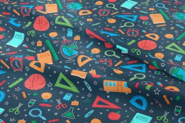 Back to School- Okula Dönüş, Defter, Kalem, Dünya Haritası, Cetvel, Saat, Büyüteç, Ataç, Silgi Desenli Dijital Baskılı Kumaş
