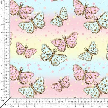 Soft Mavi Sarı Pembe Zemine Yaldızlı Kelebeki Dijital Baskılı Kumaş