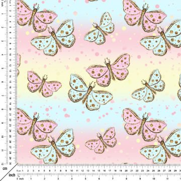 Soft Mavi Sarı Pembe Zemine Yaldızlı Kelebeki Dijital Baskılı Kumaş