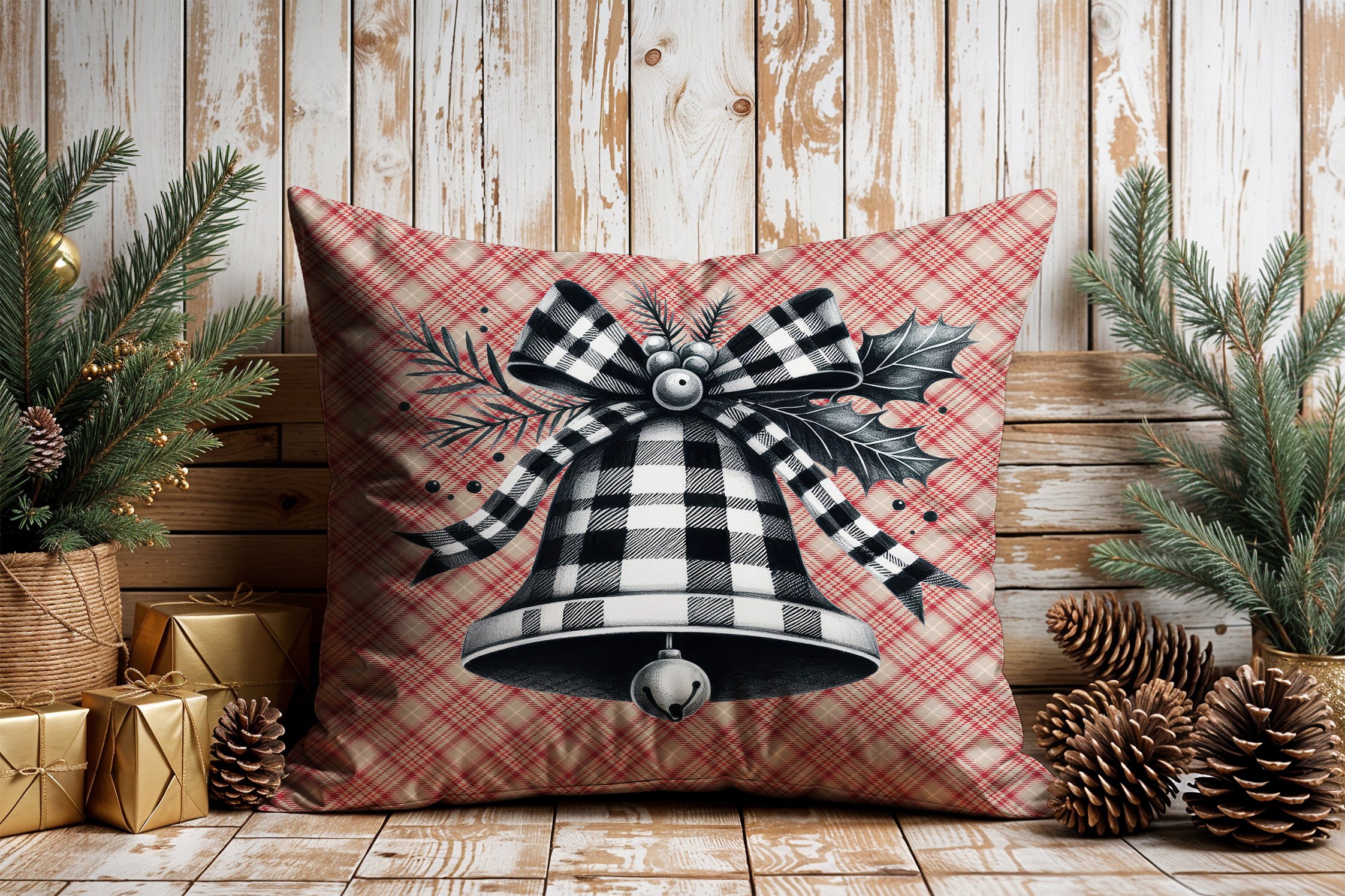 Yılbaşı Koleksiyonu- 45x45 cm Dikilmemiş 2’li Kırlent Paneli – Vintage Ekose Zemin Yılbaşı Kurdeleli Çan