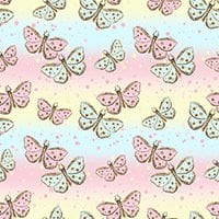 Soft Mavi Sarı Pembe Zemine Yaldızlı Kelebeki Dijital Baskılı Kumaş
