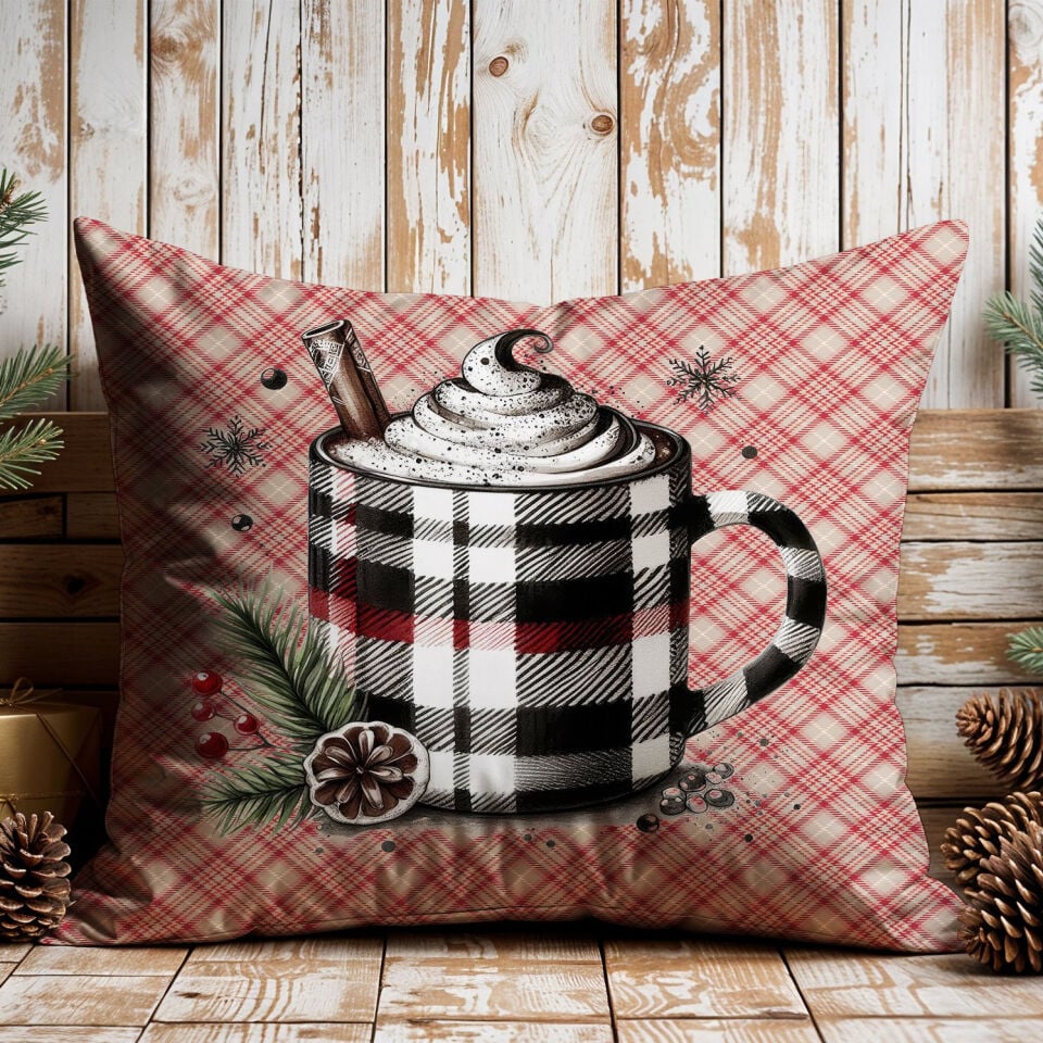 Yılbaşı Koleksiyonu- 45x45 cm Dikilmemiş 2’li Kırlent Paneli – Vintage Ekose Zemin Yılbaşı Kahve Fincanı