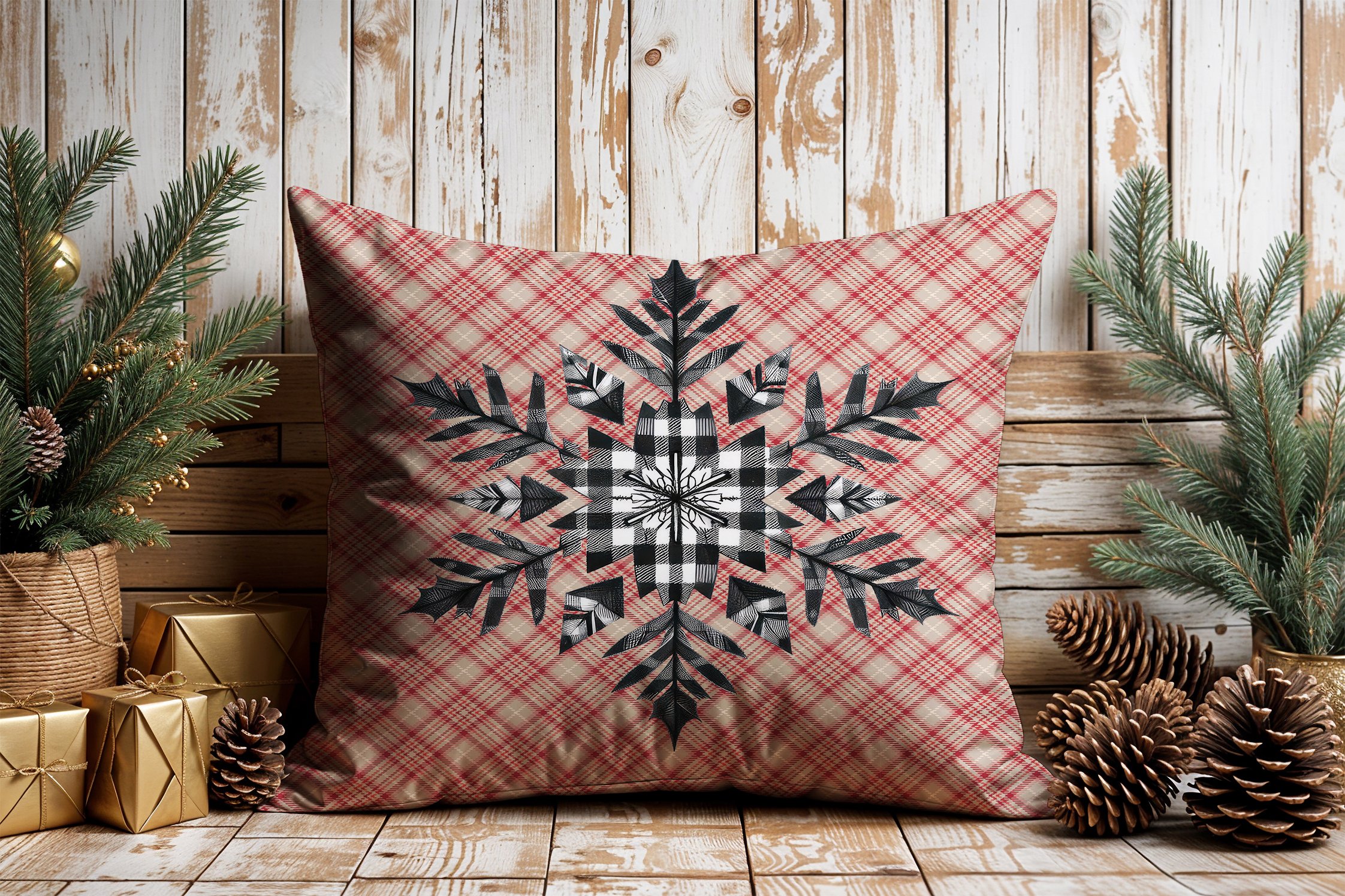 Yılbaşı Koleksiyonu- 45x45 cm Dikilmemiş 2’li Kırlent Paneli – Vintage Ekose Zemin Yılbaşı Kar Tanesi