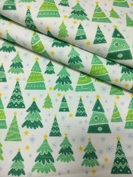 Christmas Collection - Digital Printed Fabric with Pine Trees on White Background
