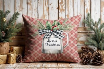 Yılbaşı Koleksiyonu- 45x45 cm Dikilmemiş 2’li Kırlent Paneli – Vintage Ekose Zemin Yılbaşı Kokina Çiçekli Vazo