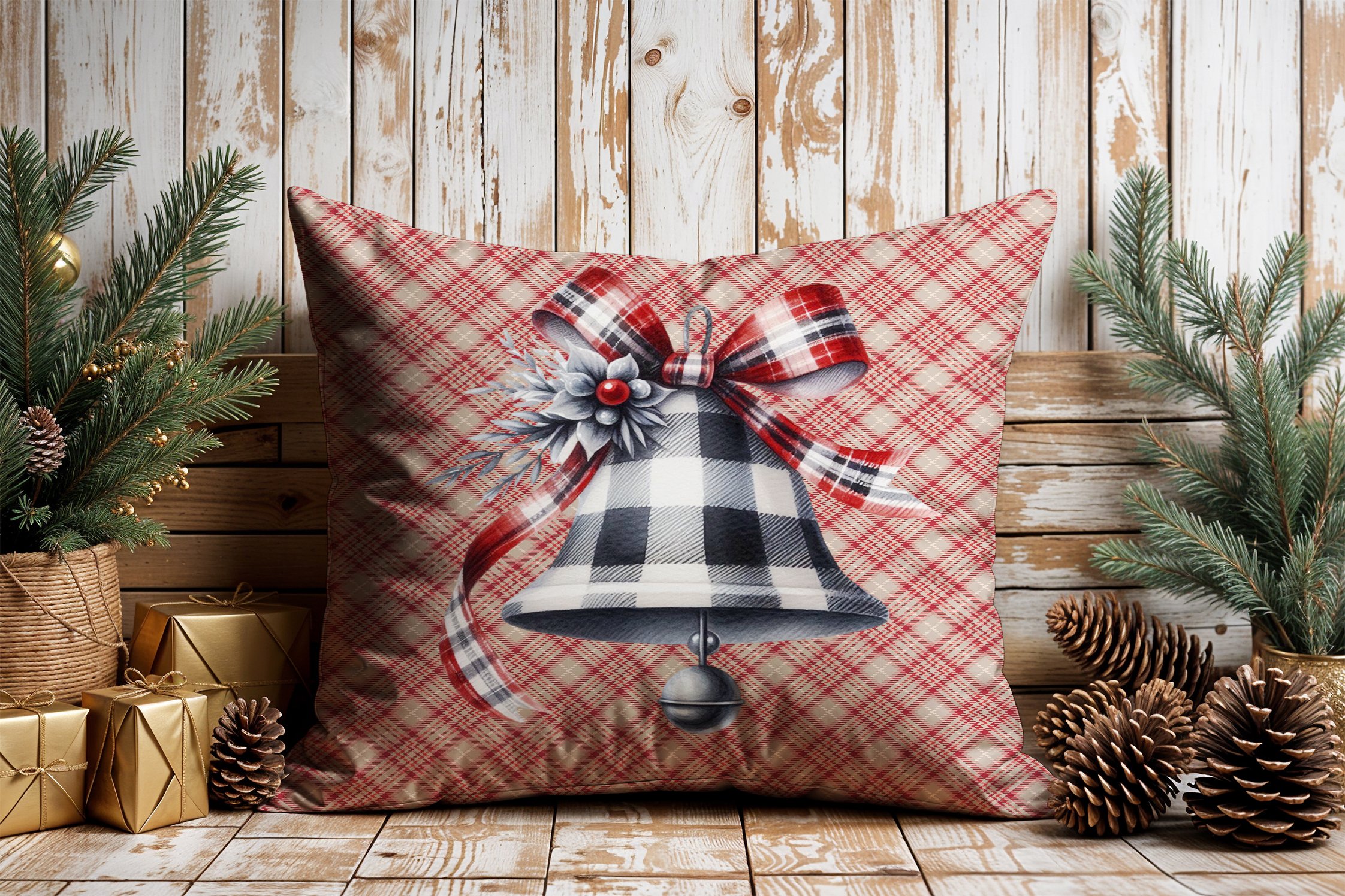 Yılbaşı Koleksiyonu- 45x45 cm Dikilmemiş 2’li Kırlent Paneli – Vintage Ekose Zemin Yılbaşı Kurdeleli Çan