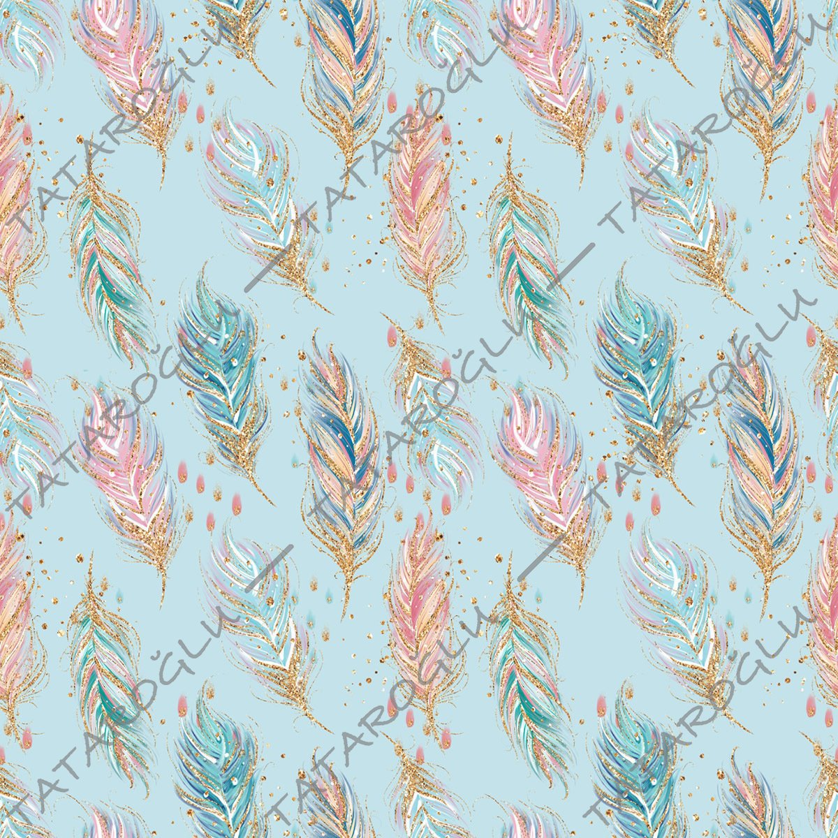 Digitally Printed Fabric with Gilded Bird Feathers Pattern on Turquoise Background