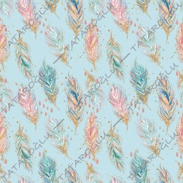 Digitally Printed Fabric with Gilded Bird Feathers Pattern on Turquoise Background