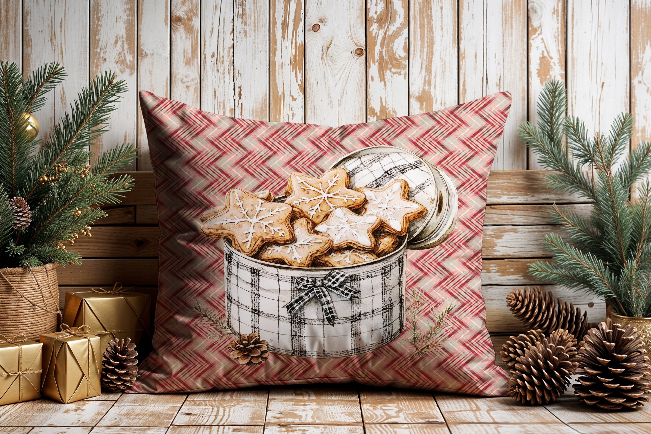 Yılbaşı Koleksiyonu- 45x45 cm Dikilmemiş 2’li Kırlent Paneli – Vintage Ekose Zemin Yılbaşı Kurdeleli Kurabiye Kutusu