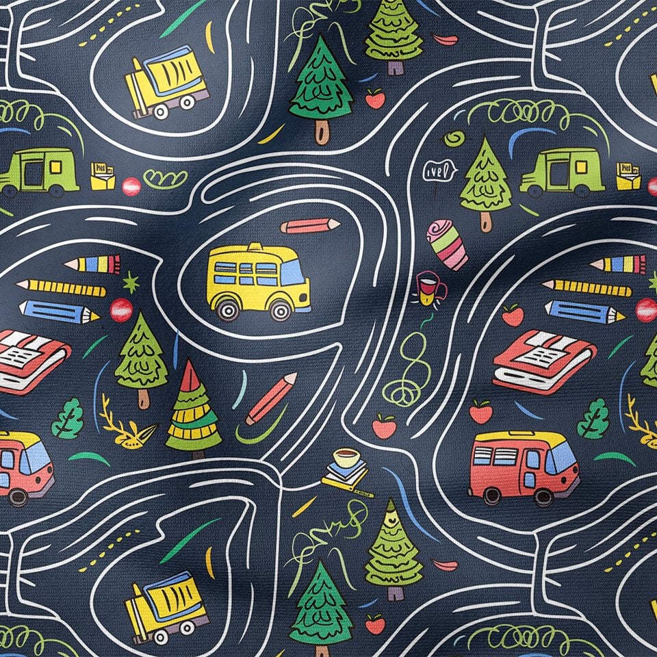 Back to School- Okula Dönüş, Yollar Arasında Ağaç, Okul Otobüsü, Kalem Desenli Dijital Baskılı Kumaş