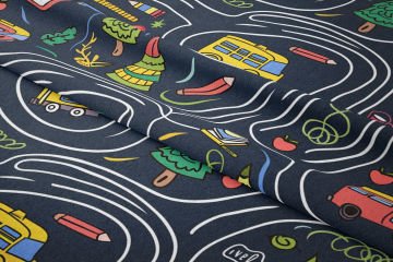Back to School- Okula Dönüş, Yollar Arasında Ağaç, Okul Otobüsü, Kalem Desenli Dijital Baskılı Kumaş