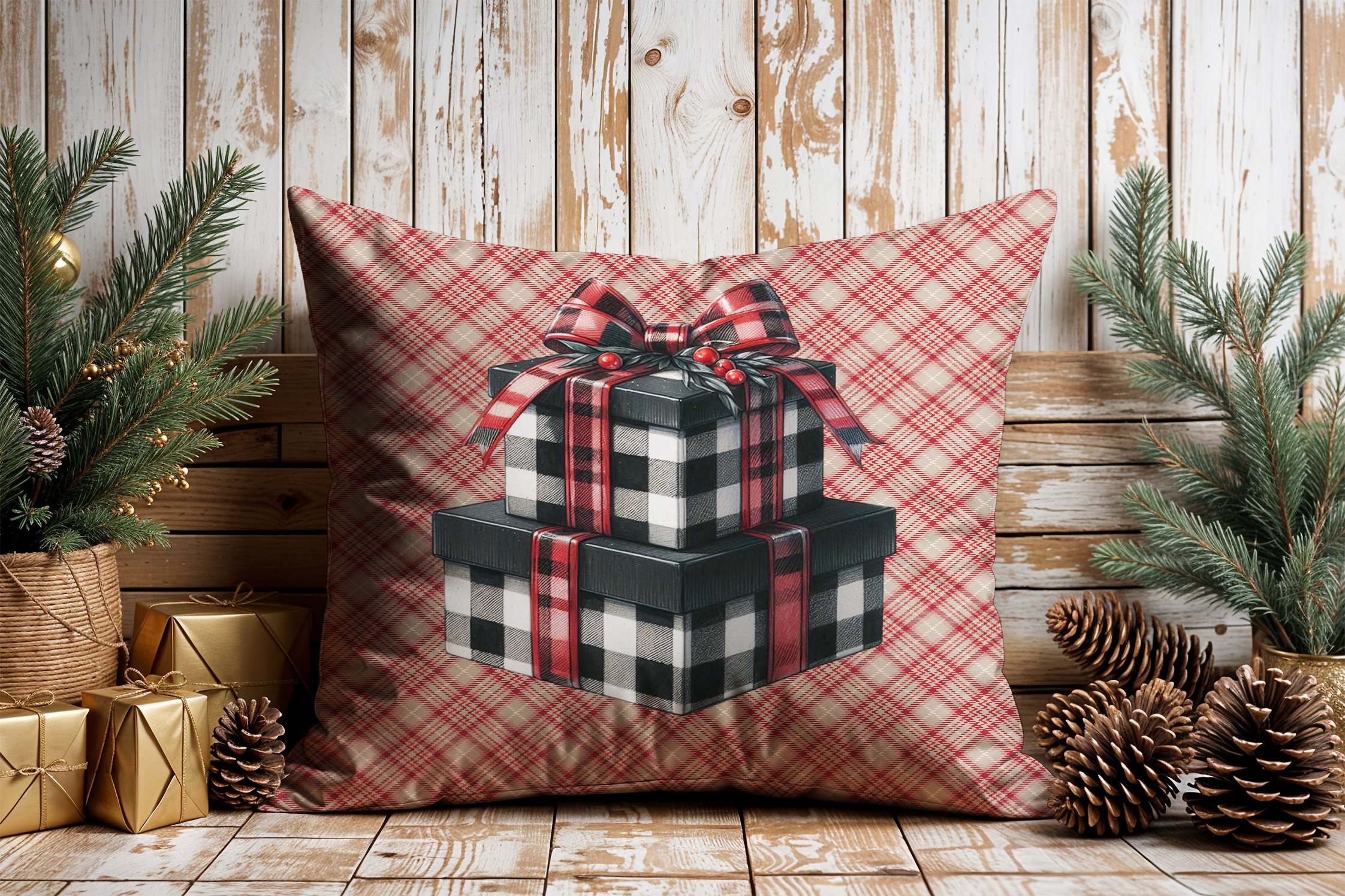 Yılbaşı Koleksiyonu- 45x45 cm Dikilmemiş 2’li Kırlent Paneli – Vintage Ekose Zemin Yılbaşı Kurdeleli Hediye Paketleri