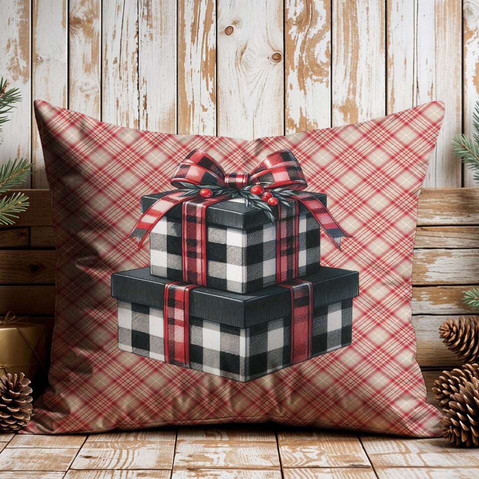 Yılbaşı Koleksiyonu- 45x45 cm Dikilmemiş 2’li Kırlent Paneli – Vintage Ekose Zemin Yılbaşı Kurdeleli Hediye Paketleri