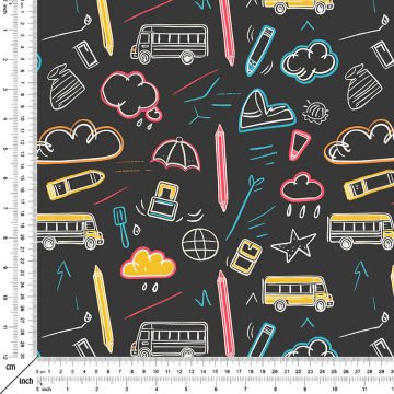 Back to School- Okula Dönüş, Bulut, Cetvel, Okul Otobüsü, Kalem Desenli Dijital Baskılı Kumaş